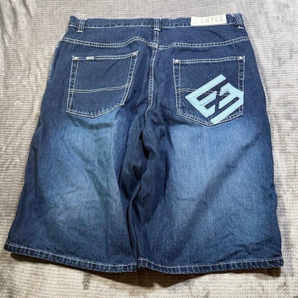 Enyce Mens Baggy Denim Shorts 38X14 Dark Wash Blue Y2K Hip Hop Streetwear 90s